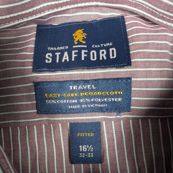 Stafford Shirt Mens 16.5 32/33 Red Stripe Fitted Travel Easy Care Broadcloth - Picture 3 of 10
